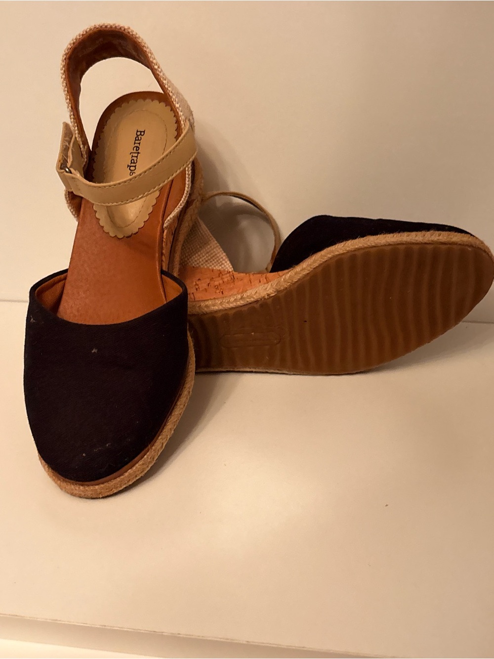 BareTraps Black Canvas Wedge Sandals with Tan Ankle Strap